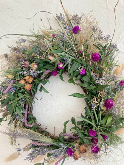 14" purple flowers and grasses wreath